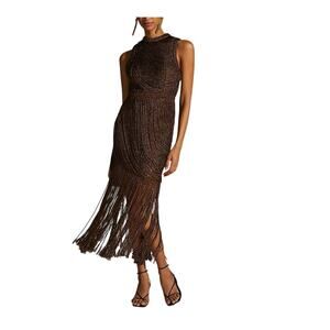 Sleeveless Brown Beaded Fringe Midi Dress